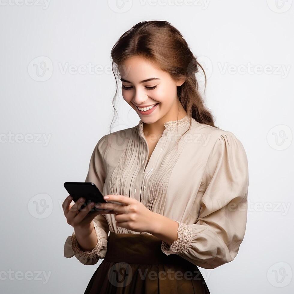 AI generated Grandfather smiling with a phone in his hands on a white background. Pleasant online conversation photo