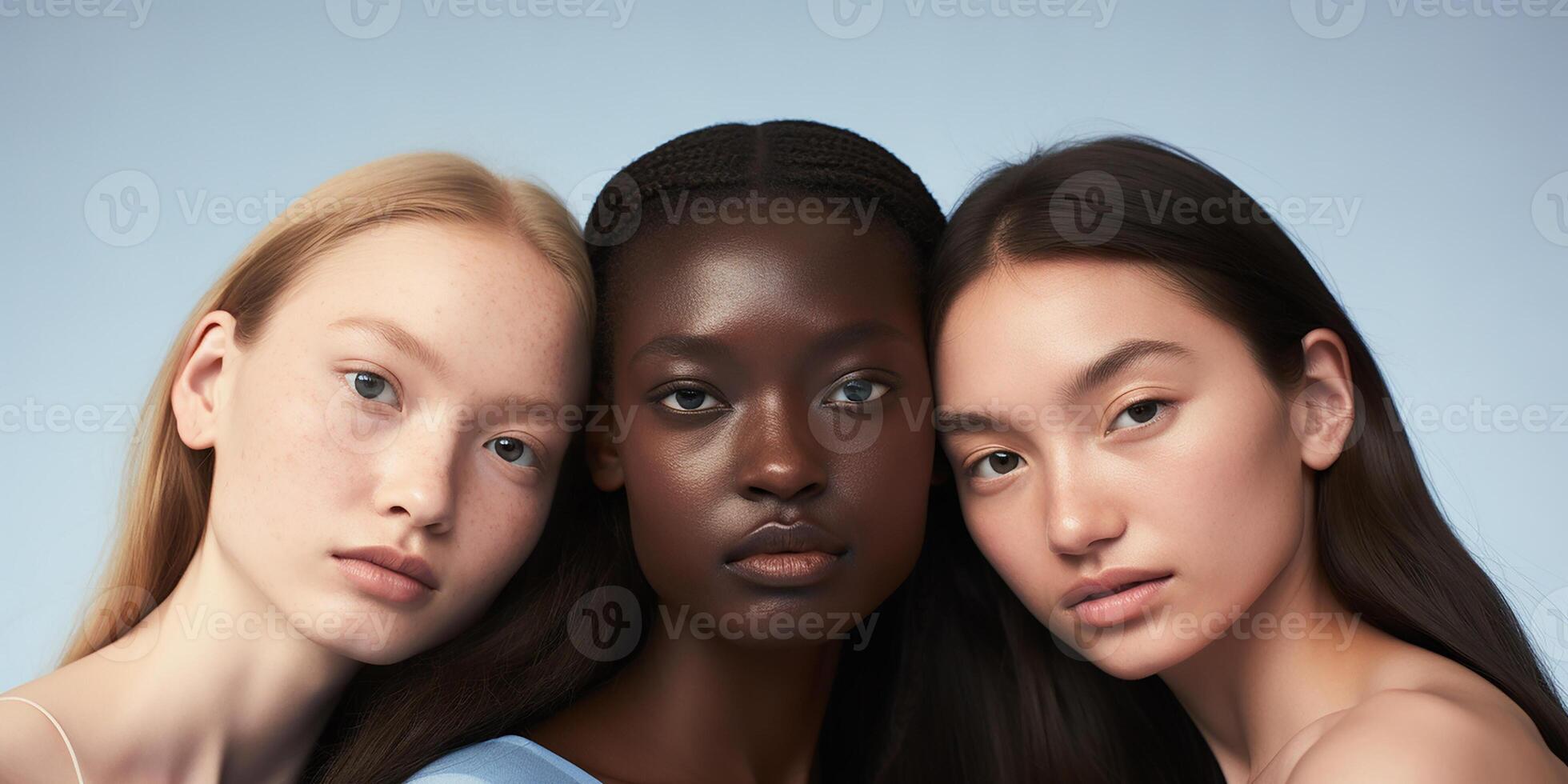 AI generated portrait of beautiful girls of different nationalities African, Asian, European models photo