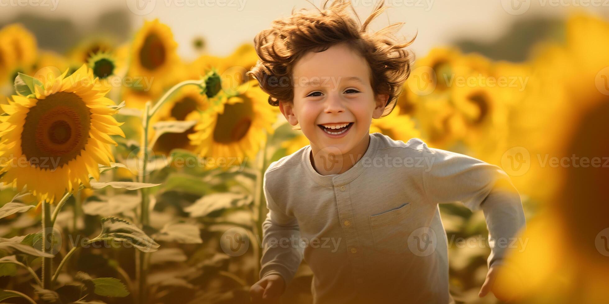 AI generated A happy child runs and has fun among the sunflowers. Happy child playing in the sun. Happy childhood photo