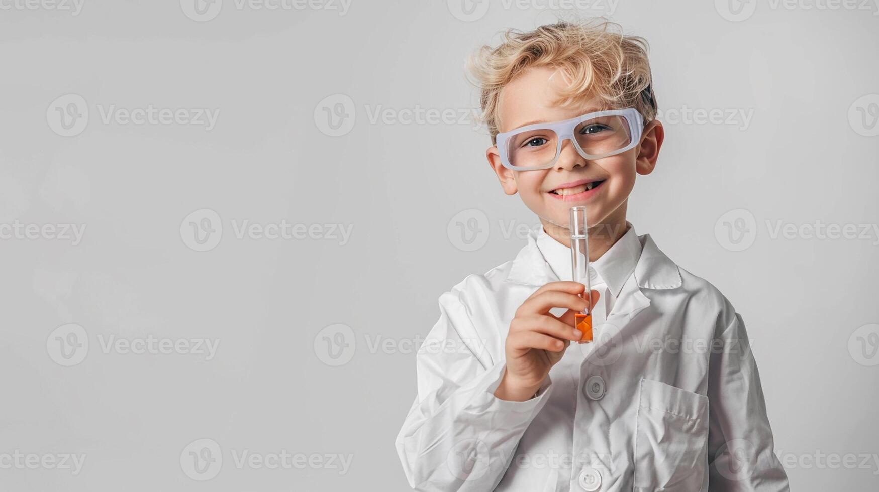 AI generated Little boy in glasses holding a test tube in his hand isolated on a white background photo