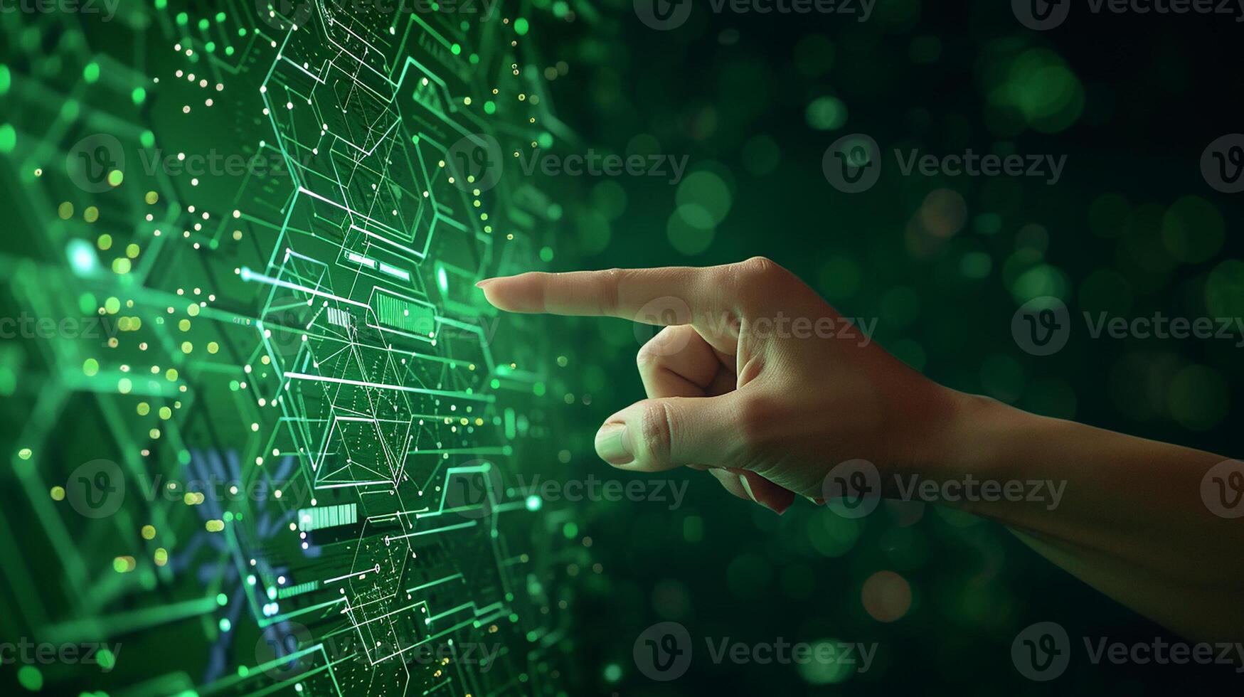 AI generated Close-up of a person's hand interacting with a green holographic interface. photo