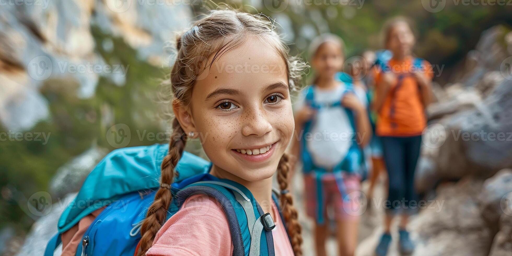 ai generado fotorrealista imagen. excursionismo de joven personas en el montañas. foto