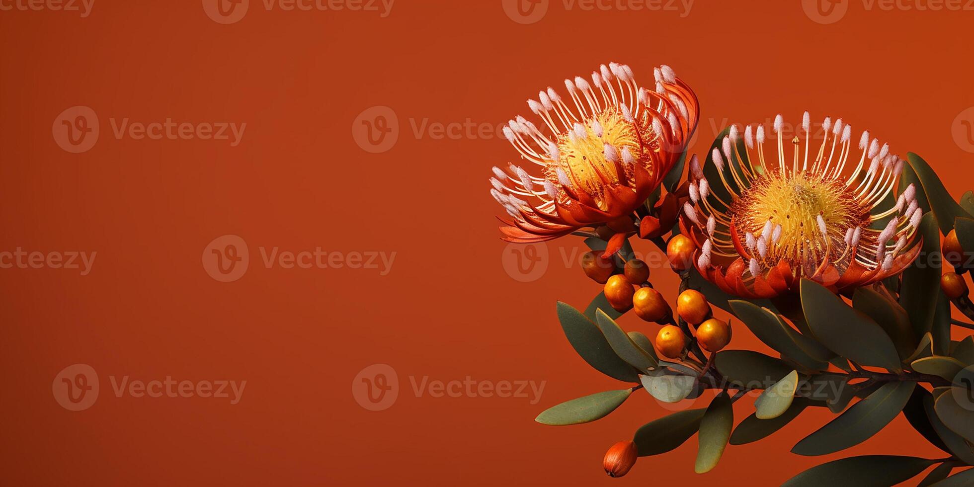 AI generated Photorealistic close-up image of protea flowers photo