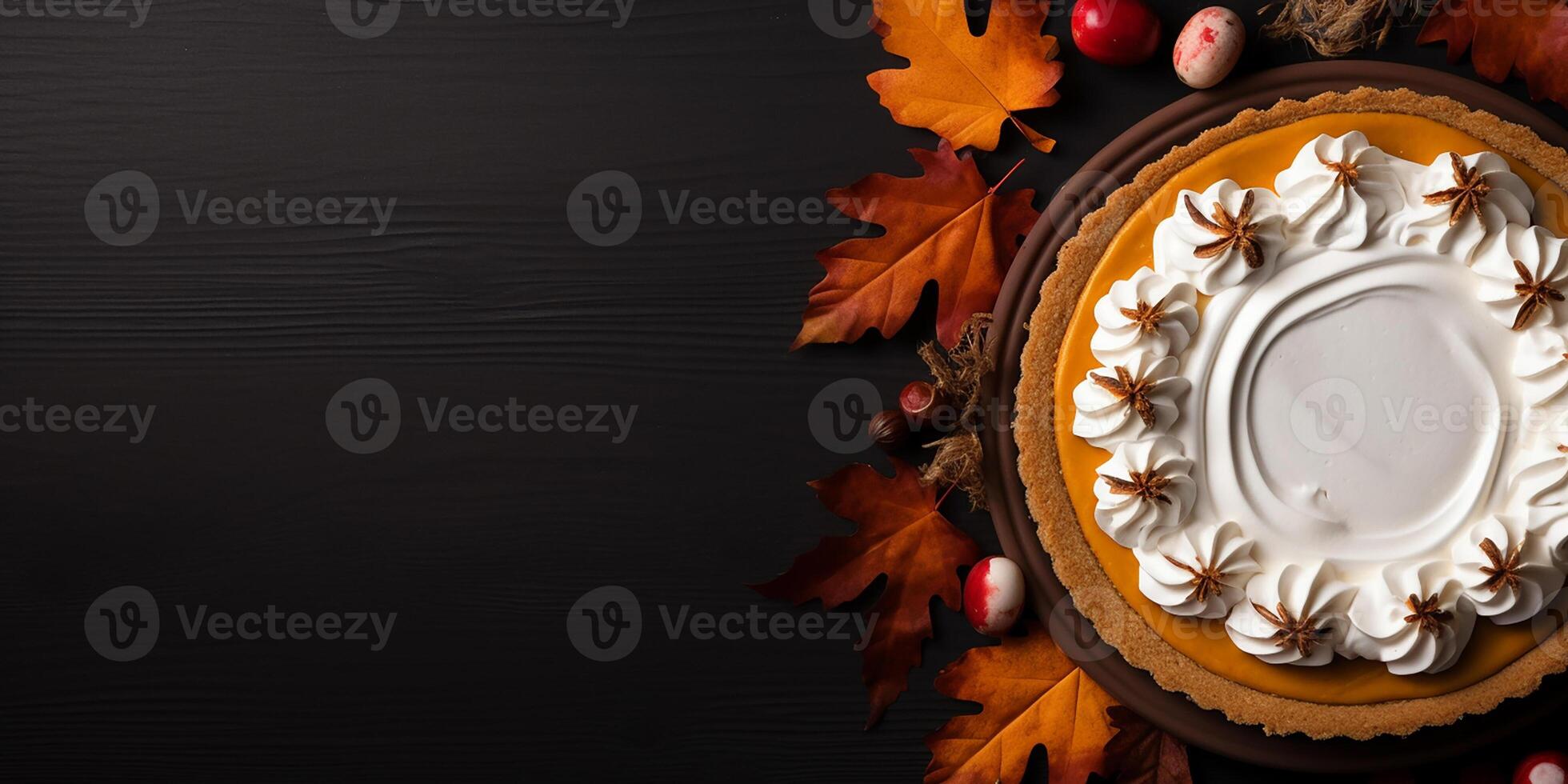 AI generated Traditional Thanksgiving pie on a wooden table with apples and fallen withered leaves close-up. photo