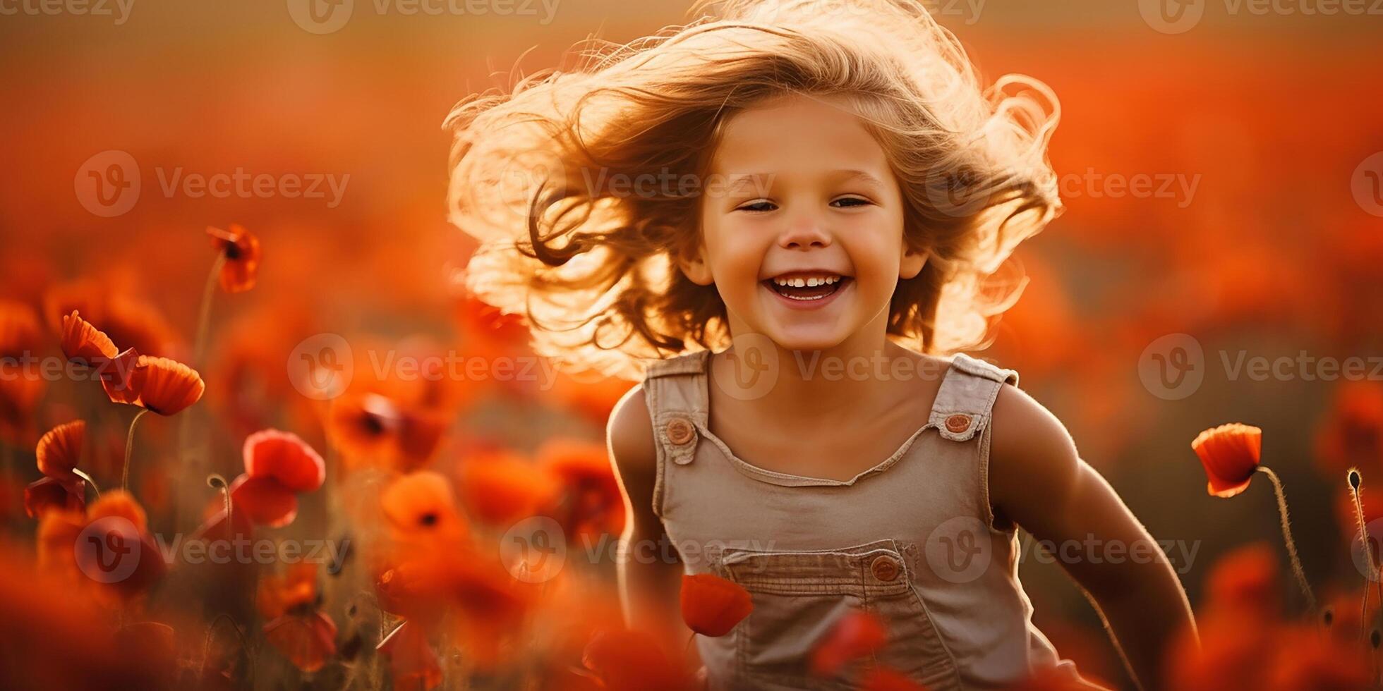 AI generated A happy child runs and has fun in a poppy field. Happy child playing in a meadow of blooming red poppies. photo