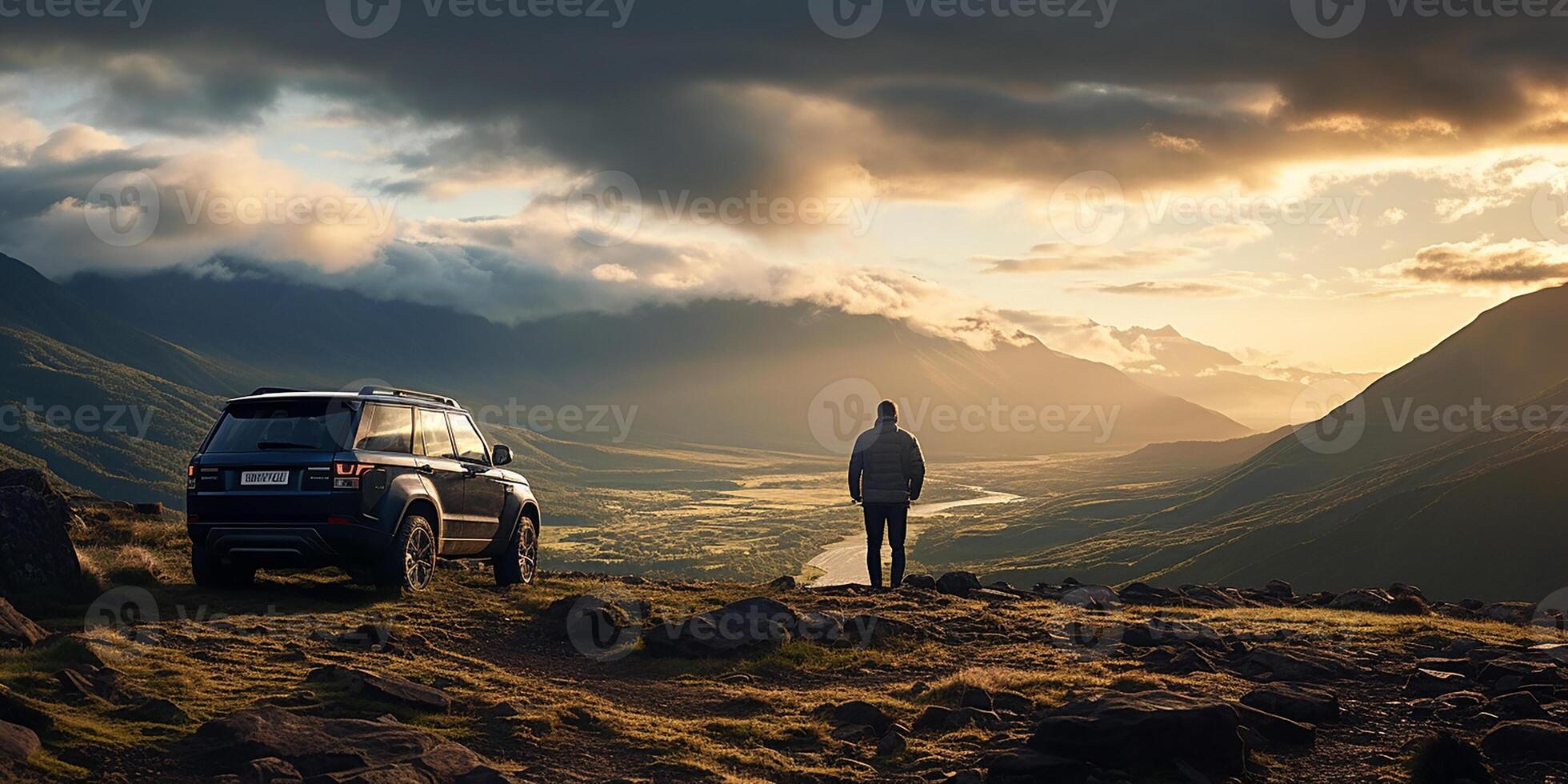 AI generated Photorealistic landscape. A man against the backdrop of a beautiful landscape. Traveling by car photo