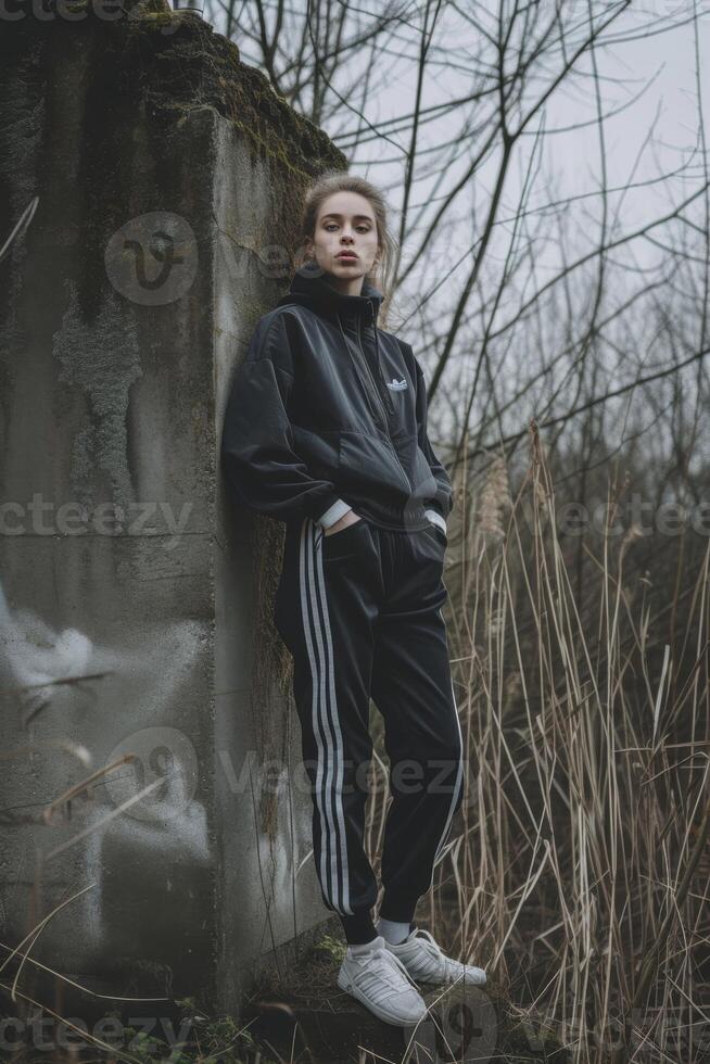 AI generated Portrait of a man in a retro black tracksuit from the 90s. Stylish hipster in a tracksuit on the street photo