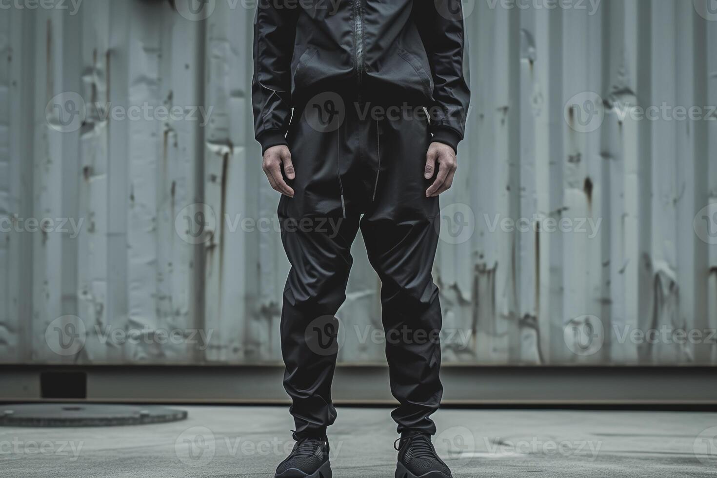 AI generated Portrait of a man in a retro black tracksuit from the 90s. Stylish hipster in a tracksuit on the street photo