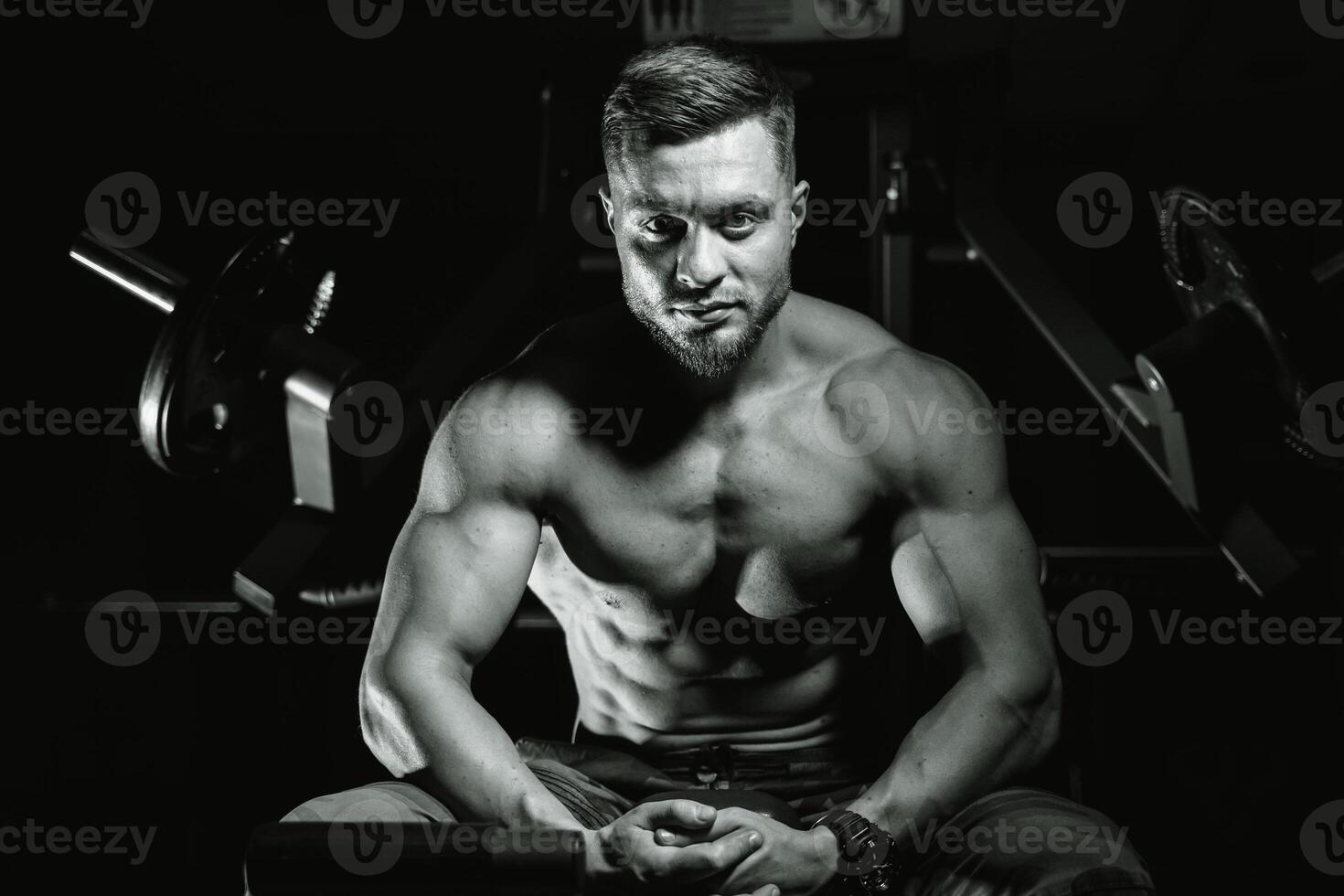 Handsome man with big muscles, posing at the camera in the gym, Black and blue background. Portrait of a smiling bodybuilder. Closeup. photo