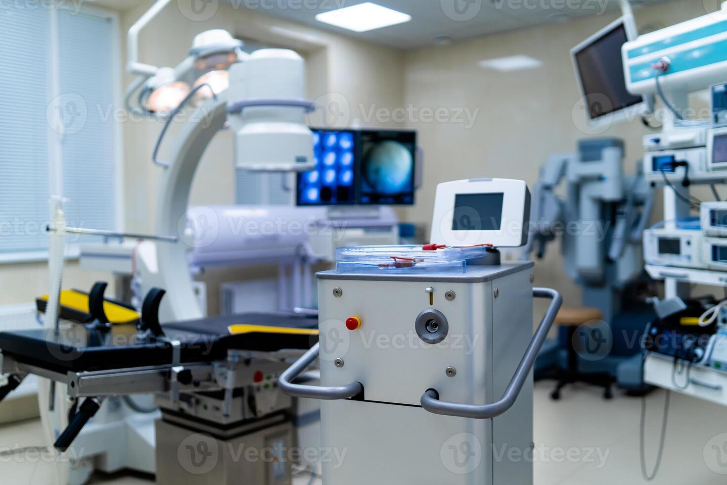 Medical devices, Interior hospital design concept. Interior of operating room in modern clinic, screen with tests closeup photo