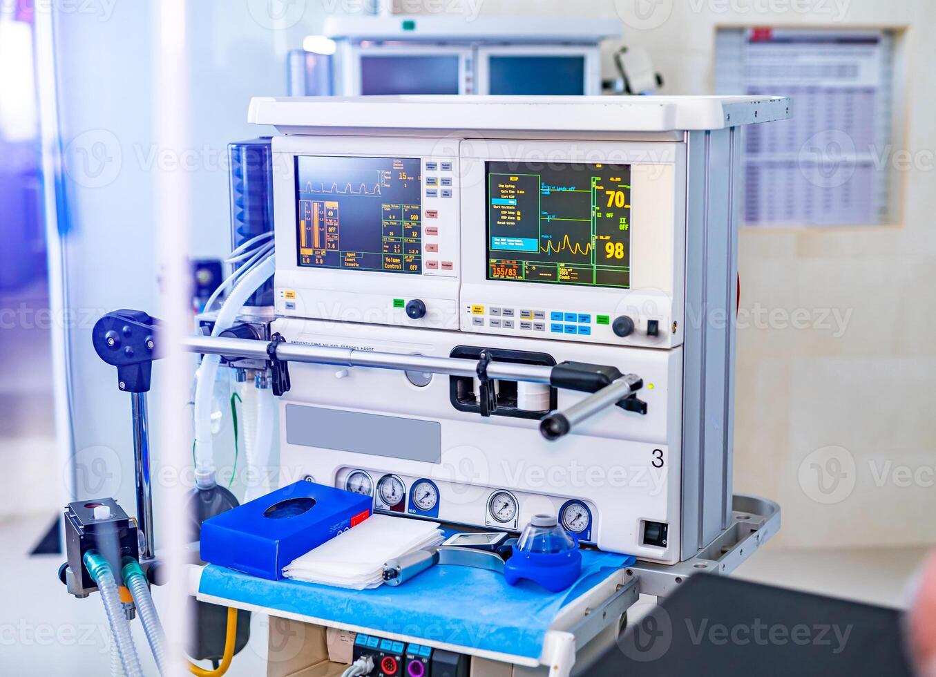 Mechanical ventilation equipment. Pneumonia diagnosting. Ventilation of the lungs with oxygen. COVID-19 and coronavirus identification. Pandemic. photo