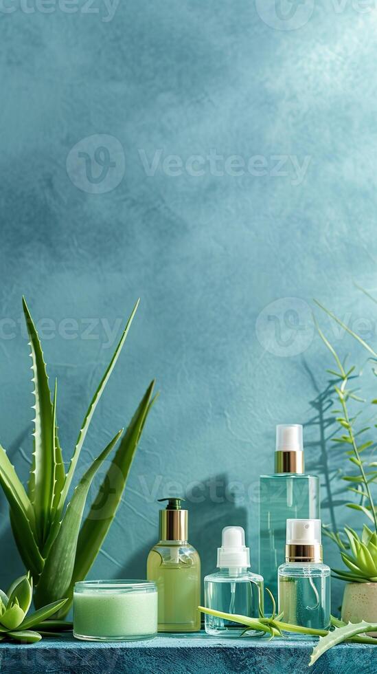 AI generated Organic aloe beauty treatment display, various containers with aloe vera on green background, copy space for text photo