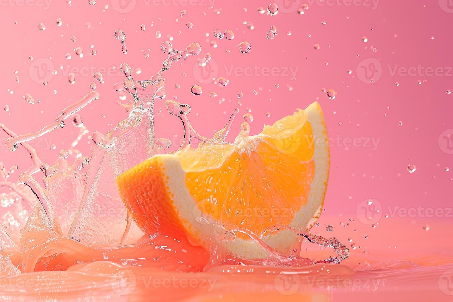 AI generated Fresh slice orange falling in water. Pink Background photo