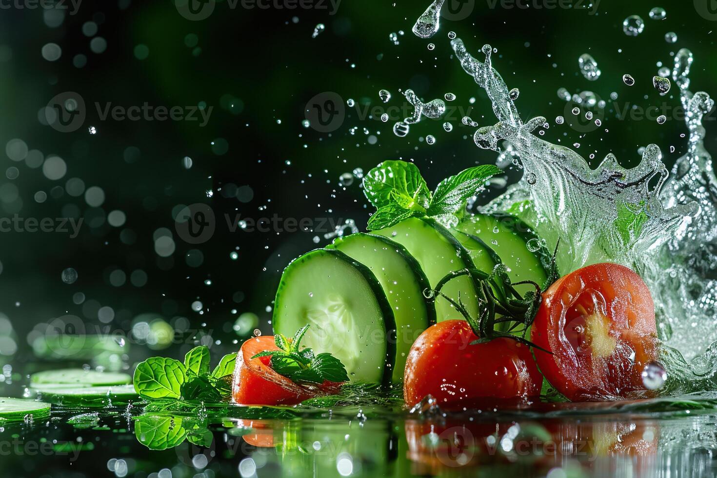 AI generated Powerful liquid explosion, slised cucumber and tomatos, green Background photo