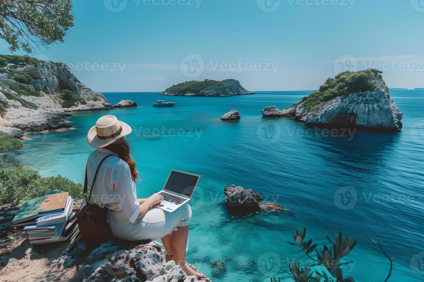 AI generated A woman enjoying leisure time outdoors, while also attending to business tasks on her laptop photo