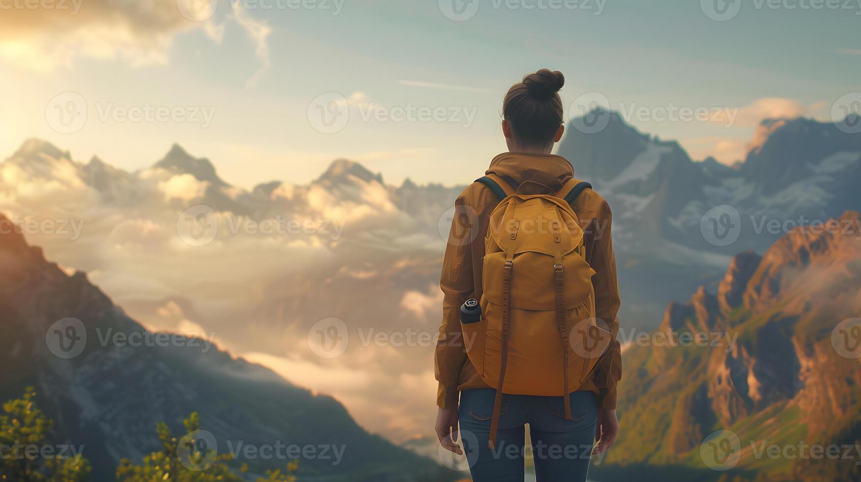 AI generated A woman hiker stands triumphantly atop a majestic mountain, surrounded by breathtaking nature photo