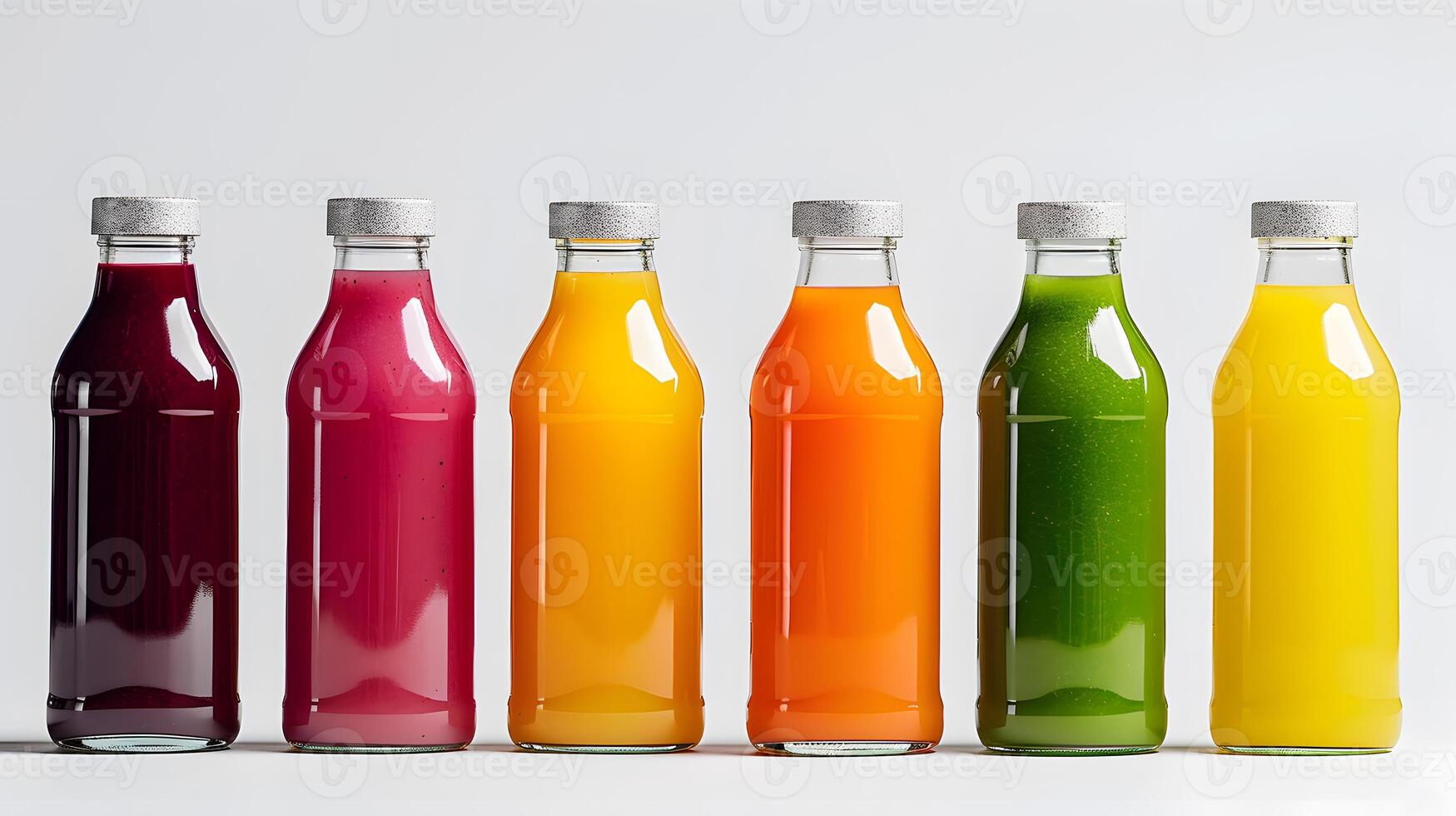 AI generated Six glass bottles in a row filled with colorful fruit juices on a white background. photo