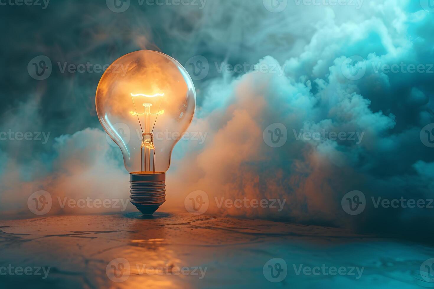 AI generated A bright light bulb shines against the background of smoke set on the concrete floor. photo