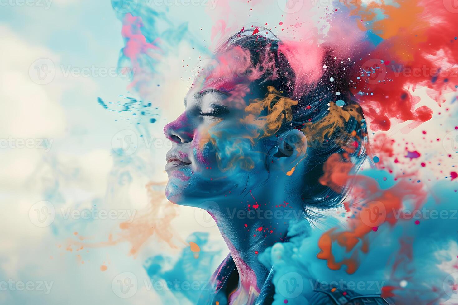 AI generated A woman with her eyes closed with paint splatters on her face and hair, and a background of clouds. photo