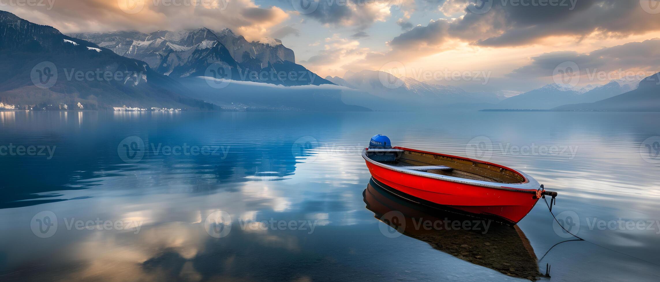 ai generado un sereno escena de un barco pacíficamente deslizamiento a través de un calma lago. foto