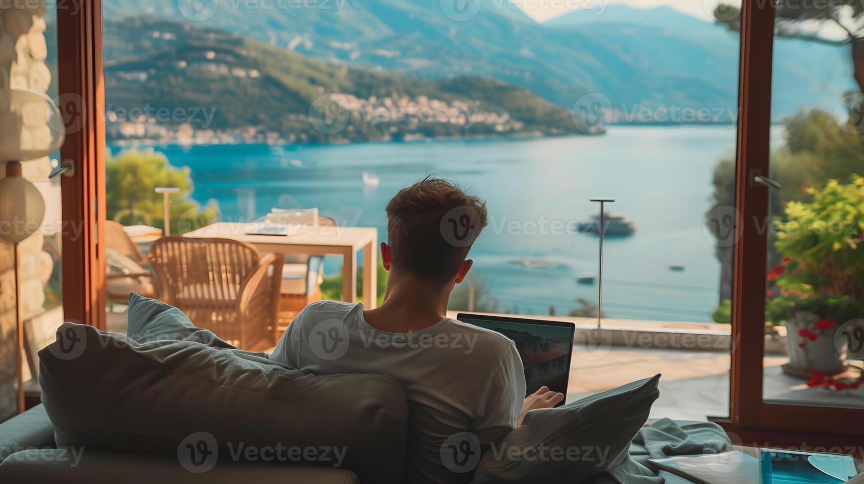 AI generated A person relaxes on a bench by the sea, surrounded by the peaceful ambiance of nature and technology photo