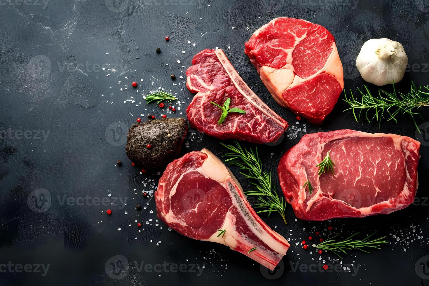 AI generated Raw meat including ribeye, t-bone on dark background. photo