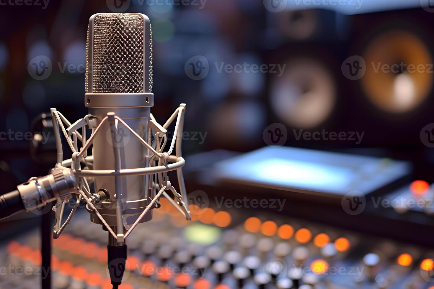 AI generated A microphone with a metal mesh sitting in front of a sound mixing board. photo