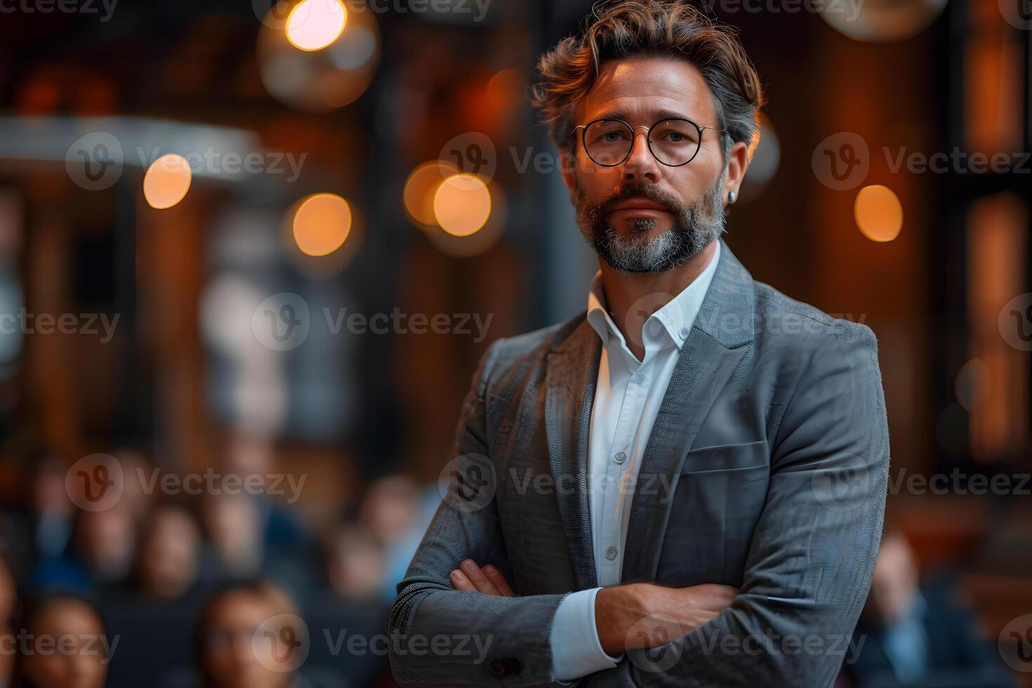 AI generated A smiling businessman stands confidently, exuding confidence and professionalism photo