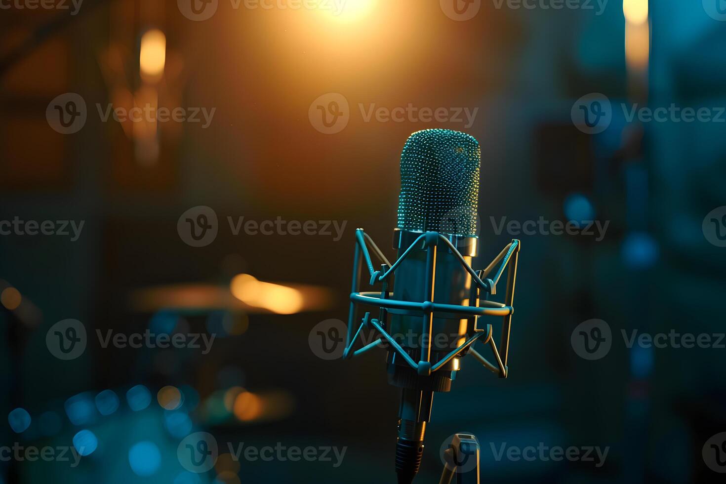 AI generated A microphone is in the foreground, with a blue and orange glow around it. photo
