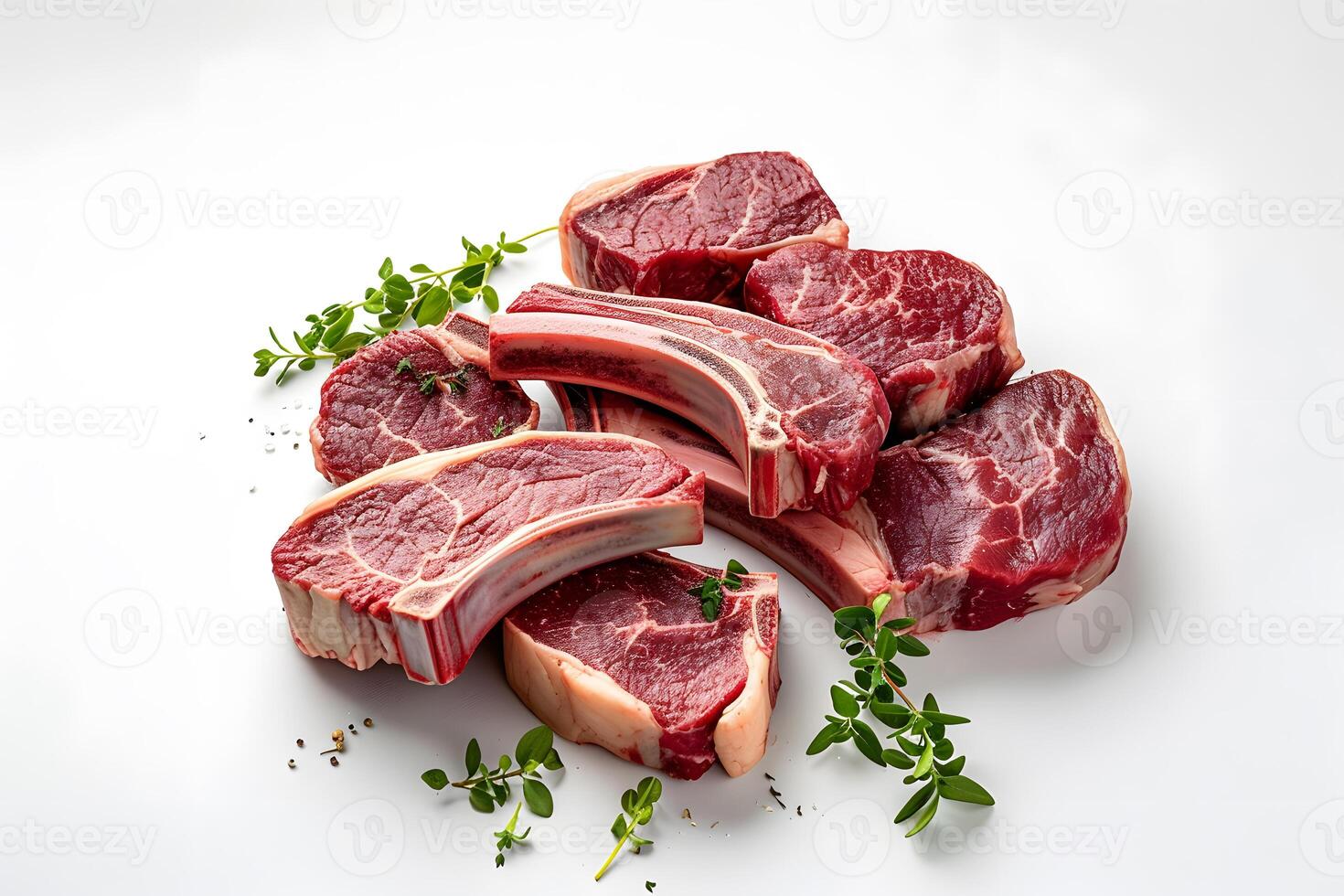AI generated a pile of raw lamb chops on a white surface. The chops are arranged in a way that forms a circle. photo