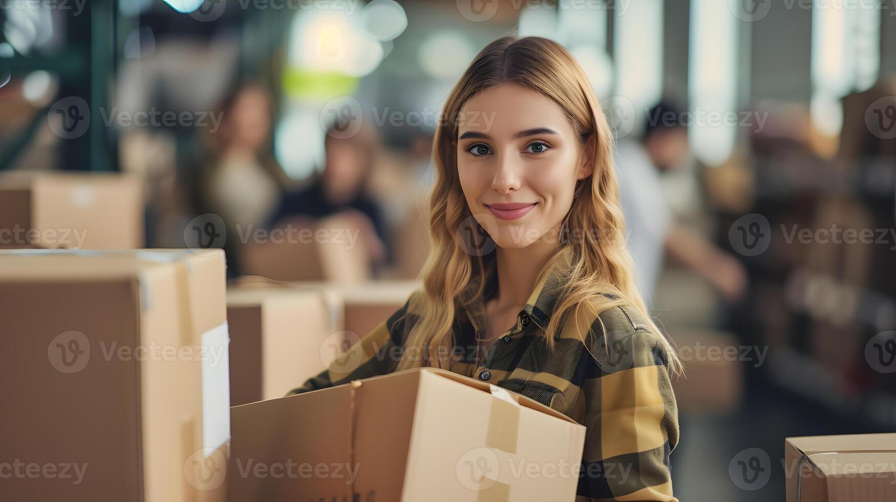 AI generated A woman is holding a box and smiling at the camera. She has blonde hair and is wearing a plaid shirt. There are boxes all around her. photo