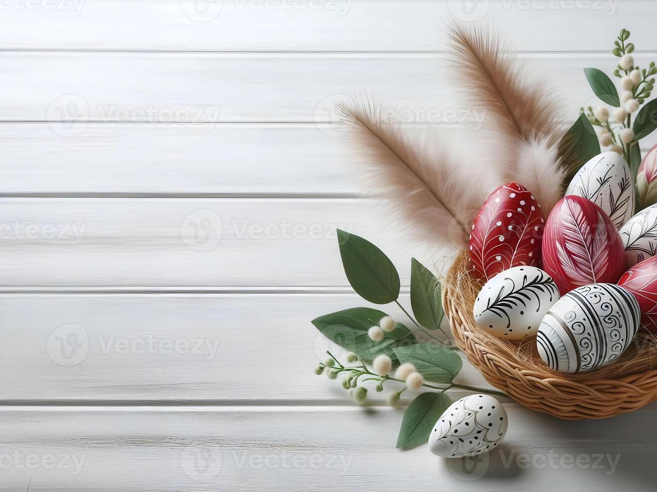 AI generated Colorful Easter eggs in the nest on white wooden background, Easter card concept photo