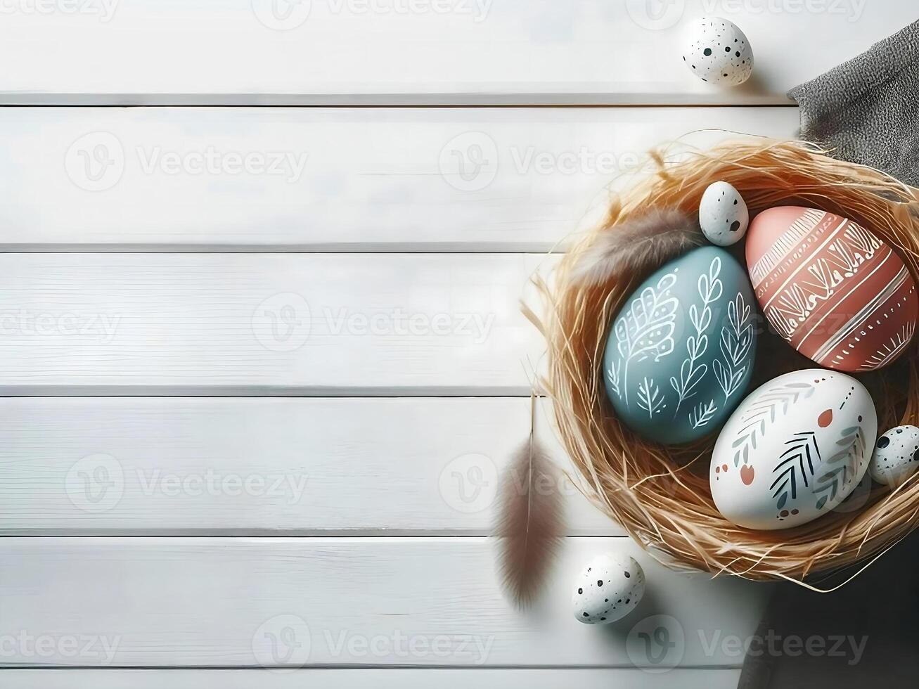 AI generated Colorful Easter eggs in the nest on white wooden background, Easter card concept photo