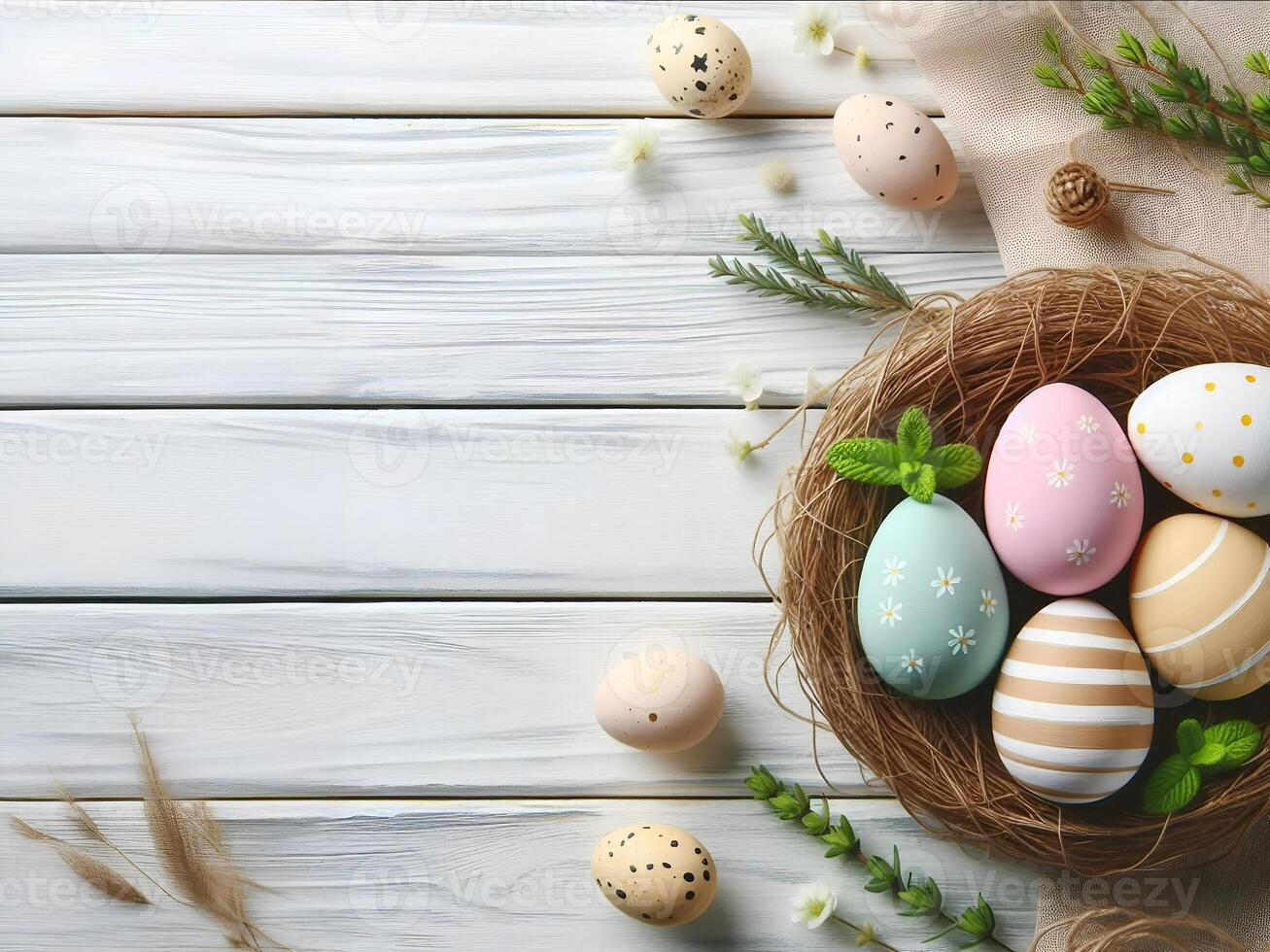 AI generated Colorful Easter eggs in the nest on white wooden background, Easter card concept photo
