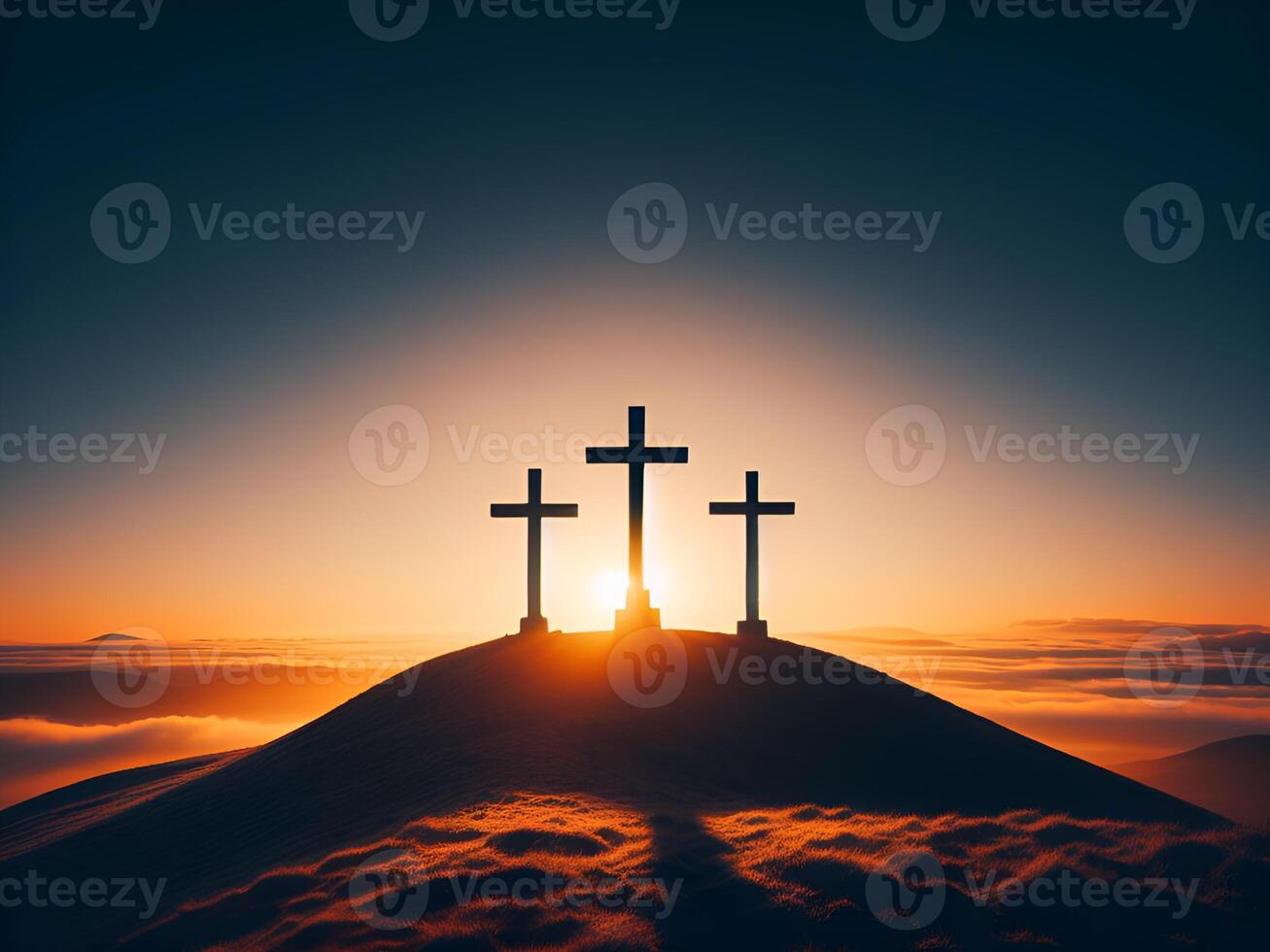 AI generated Three crosses stand on Golgotha under a red sky, christian background photo