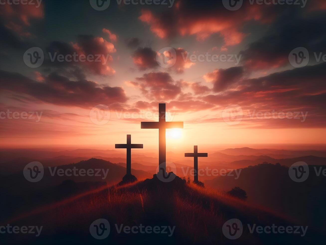 ai generado Tres cruces estar en Gólgota debajo un rojo cielo, cristiano antecedentes foto