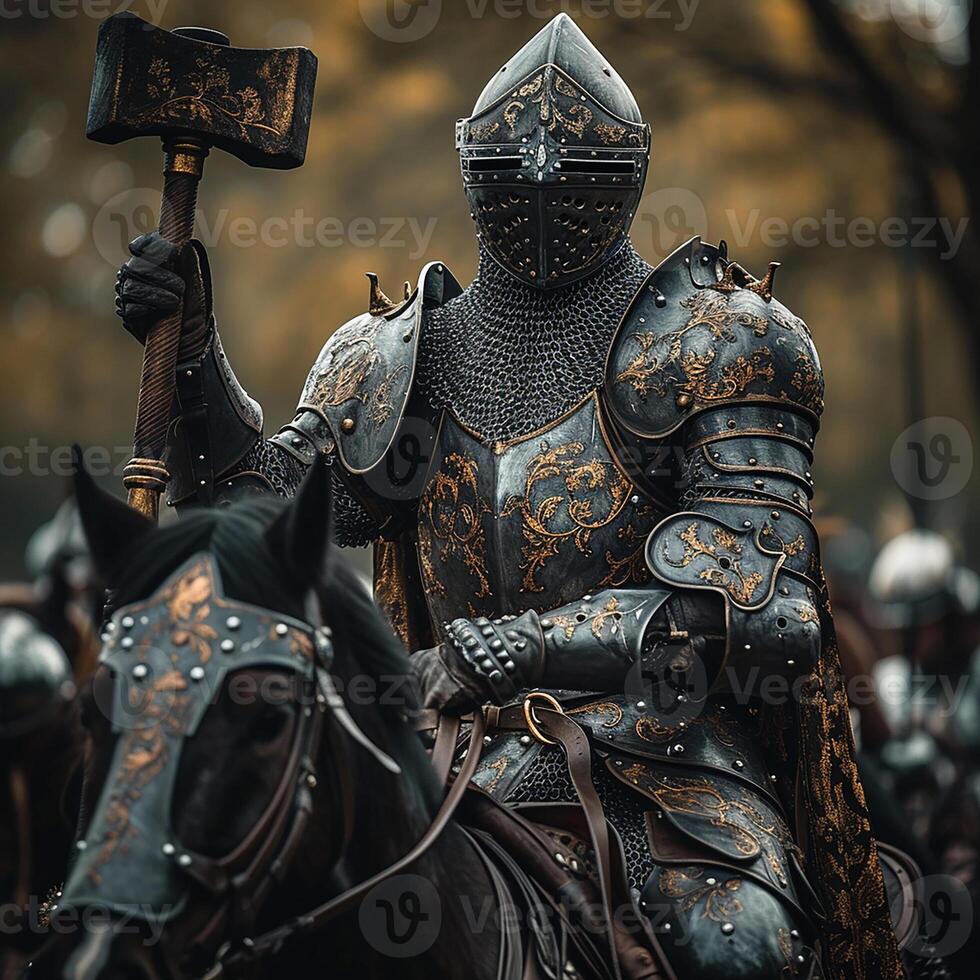 AI generated Fantasy knight armed with a war hammer riding a war horse photo