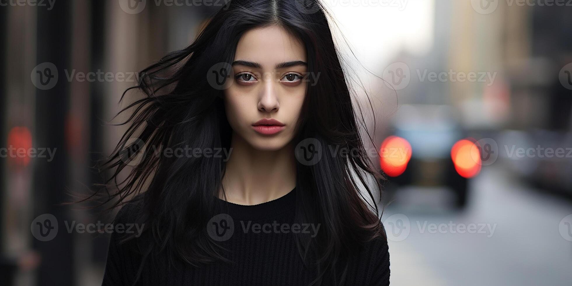 AI generated photorealistic portrait of a young Asian female model against a city background photo