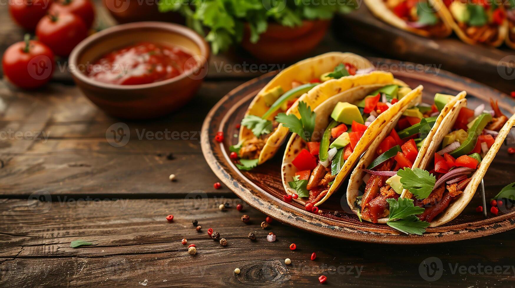 ai generado mexicano calle alimento. conjunto de taco porciones en un plato foto