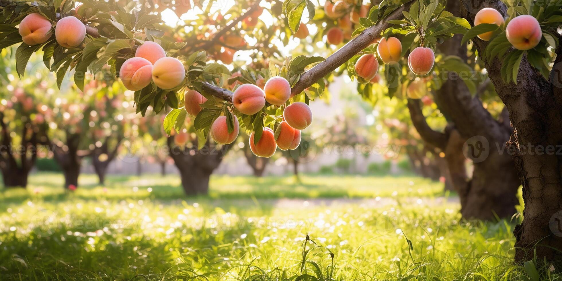 AI generated Ripe sweet peaches growing on a peach tree in the garden. Close-up of peaches and peach trees in sunlight photo