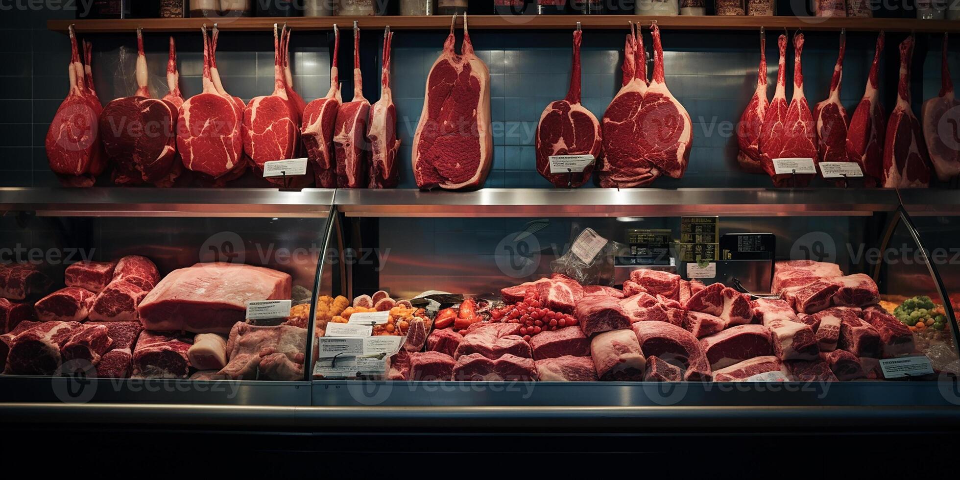 AI generated Butcher shop window. The freshest meat. Delicious fresh steaks photo