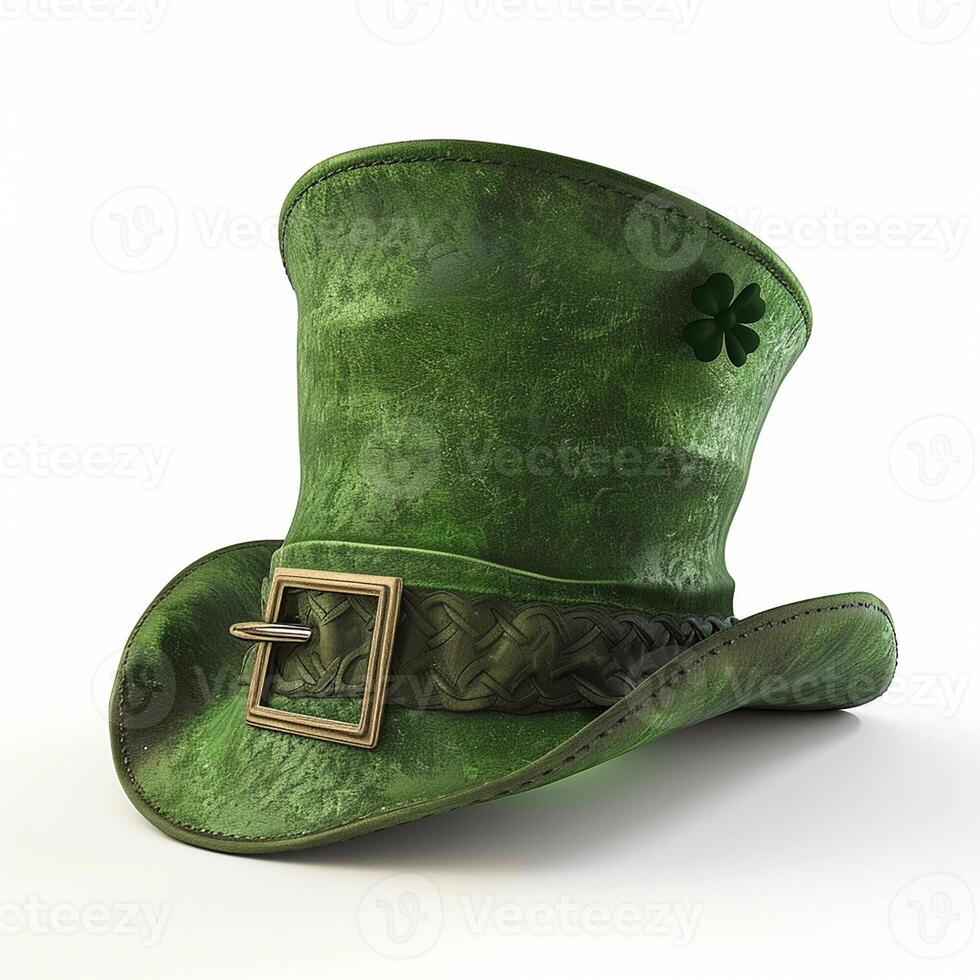 AI generated Illustration of a green leprechaun top hat with a green clover quatrefoil. Concept for St. Patrick's Day. Classic retro vintage top hat isolated on white background photo
