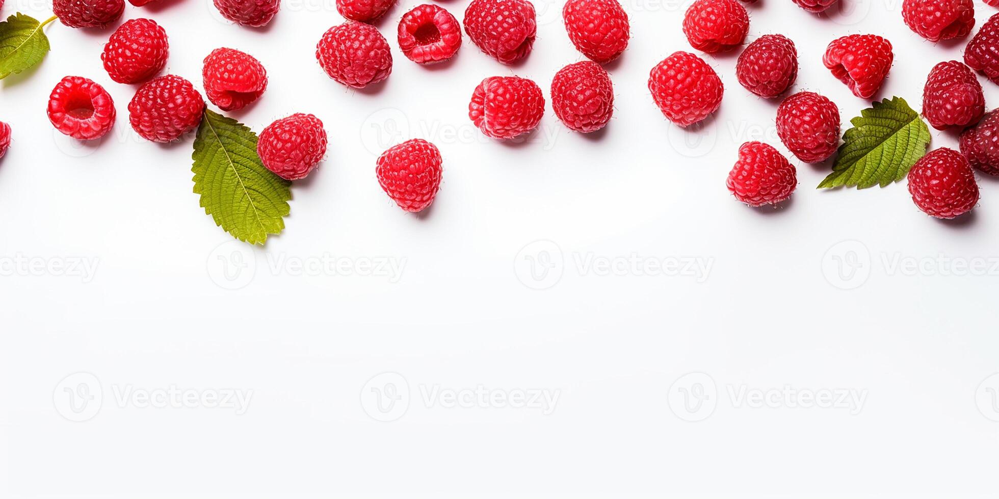 AI generated Frame with fresh raspberries on a white background with space for text photo