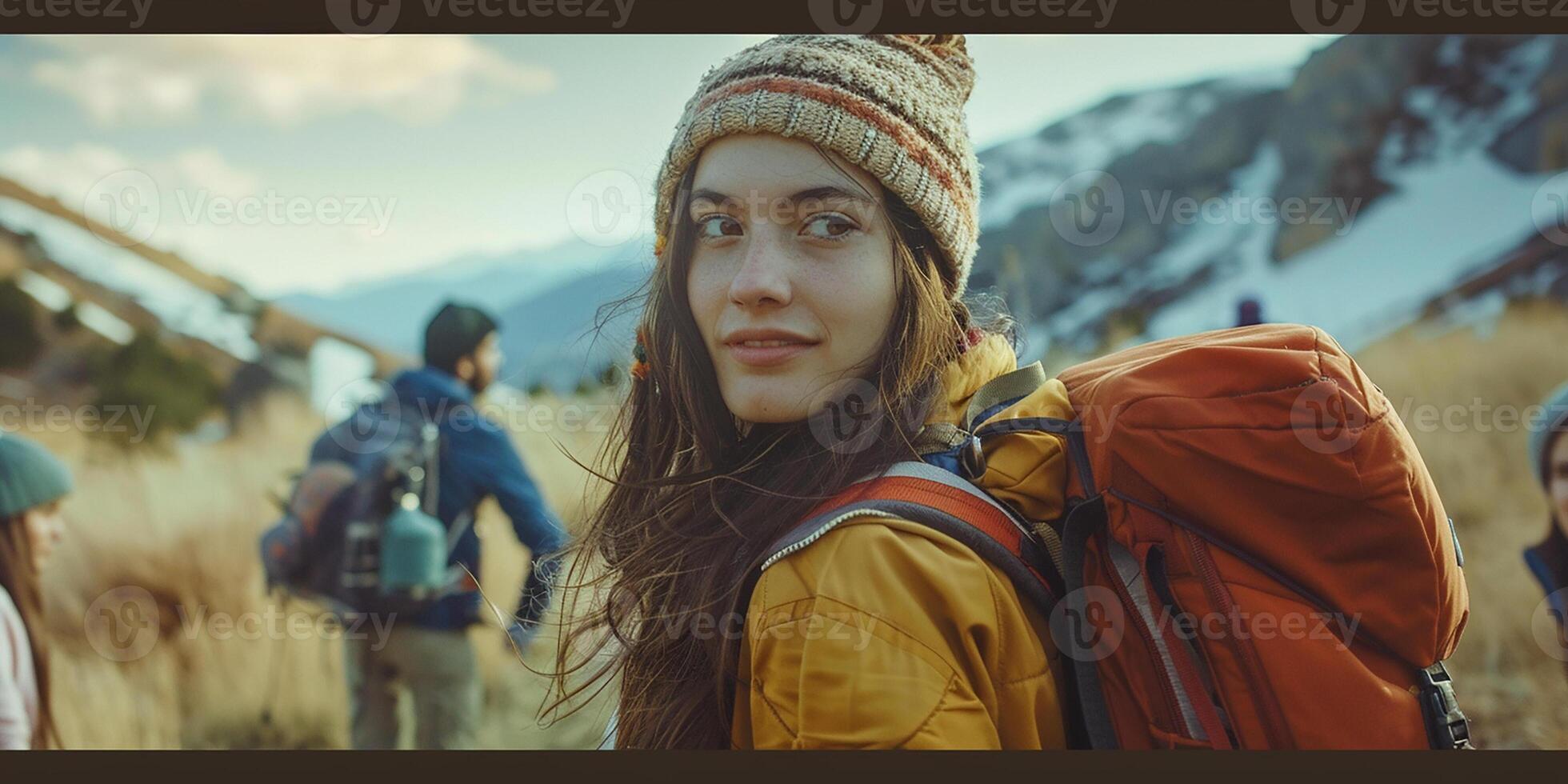 ai generado fotorrealista imagen. excursionismo de joven personas en el montañas. foto