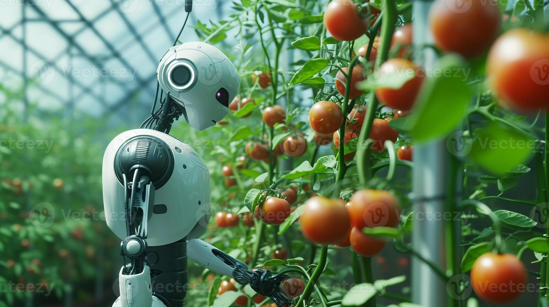 AI generated A robot grows tomatoes in a greenhouse. photo