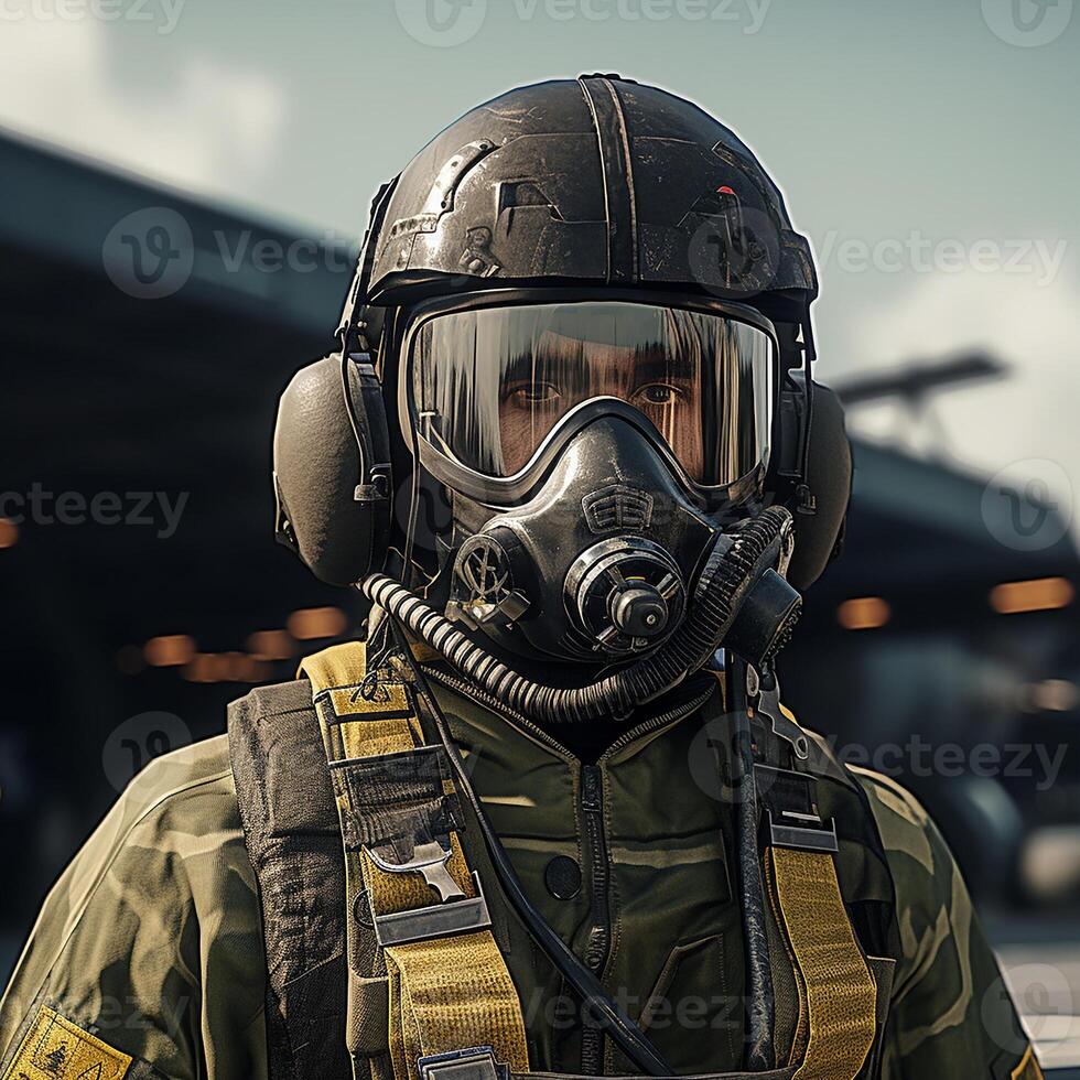 AI generated Realistic image of a military aircraft pilot. Before a combat mission photo