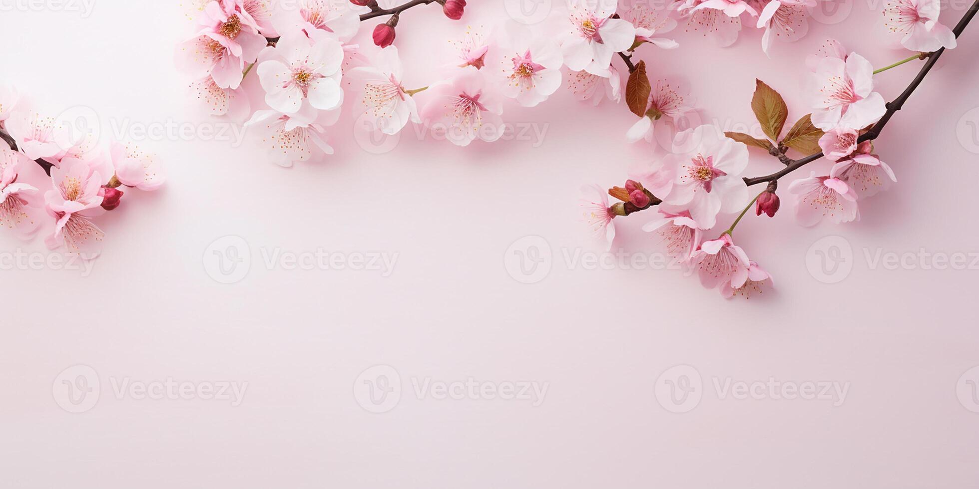 AI generated flat lay, pink sakura flowers on a pink background. space for text photo