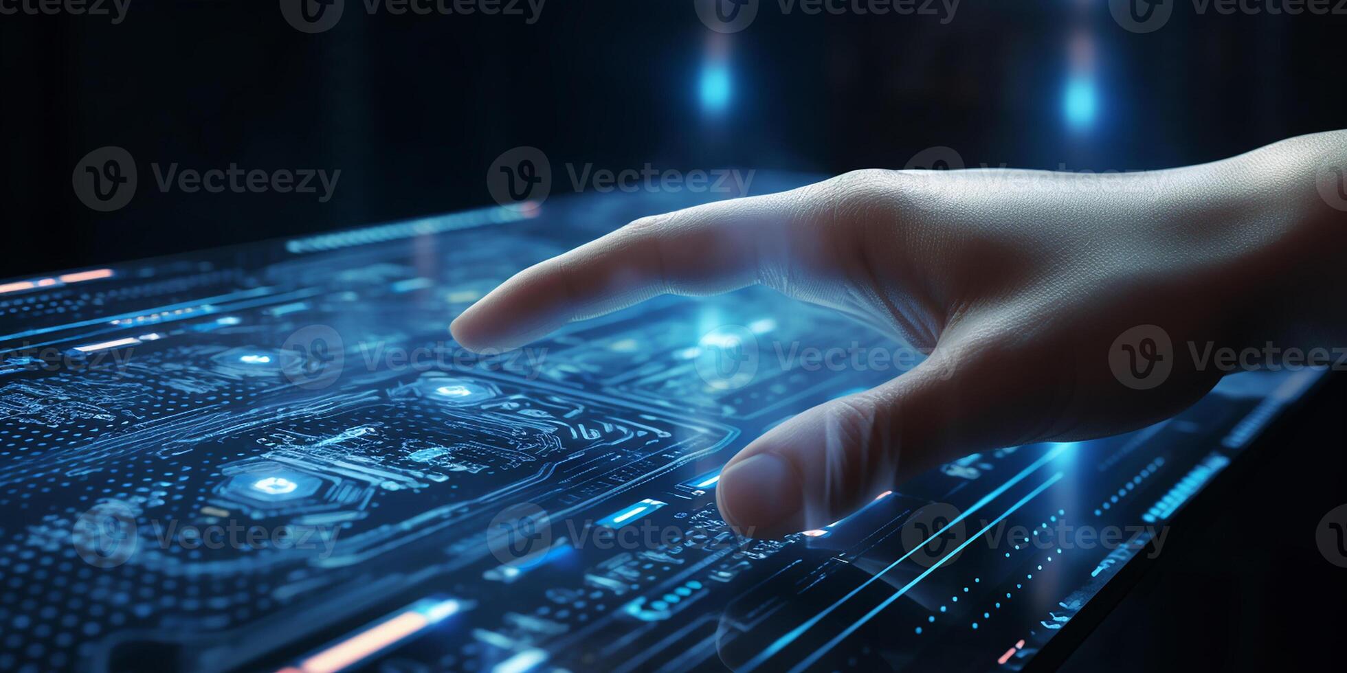 AI generated Digital hologram of a hand on a dark background. Interaction with artificial intelligence. photo