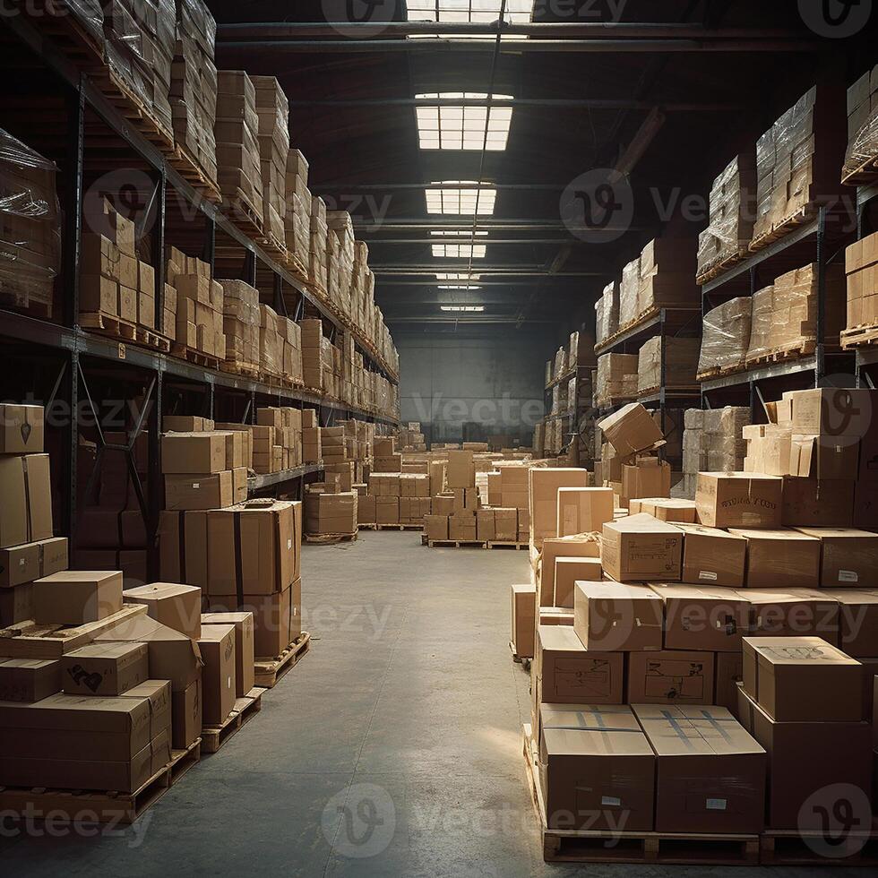 AI generated Photorealistic image. Warehouse situation. Large industrial warehouse photo