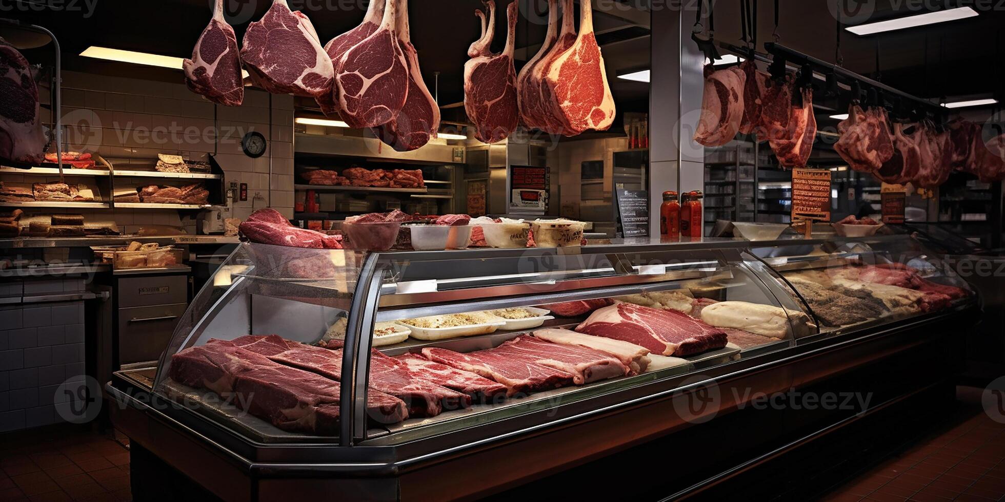 AI generated Butcher shop window. The freshest meat. Delicious fresh steaks photo